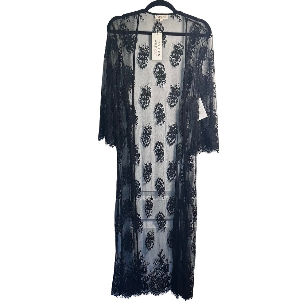 Fashion Wild Cat Black Floral Lace Maxi Duster Size Large Sheer Mesh Kimono